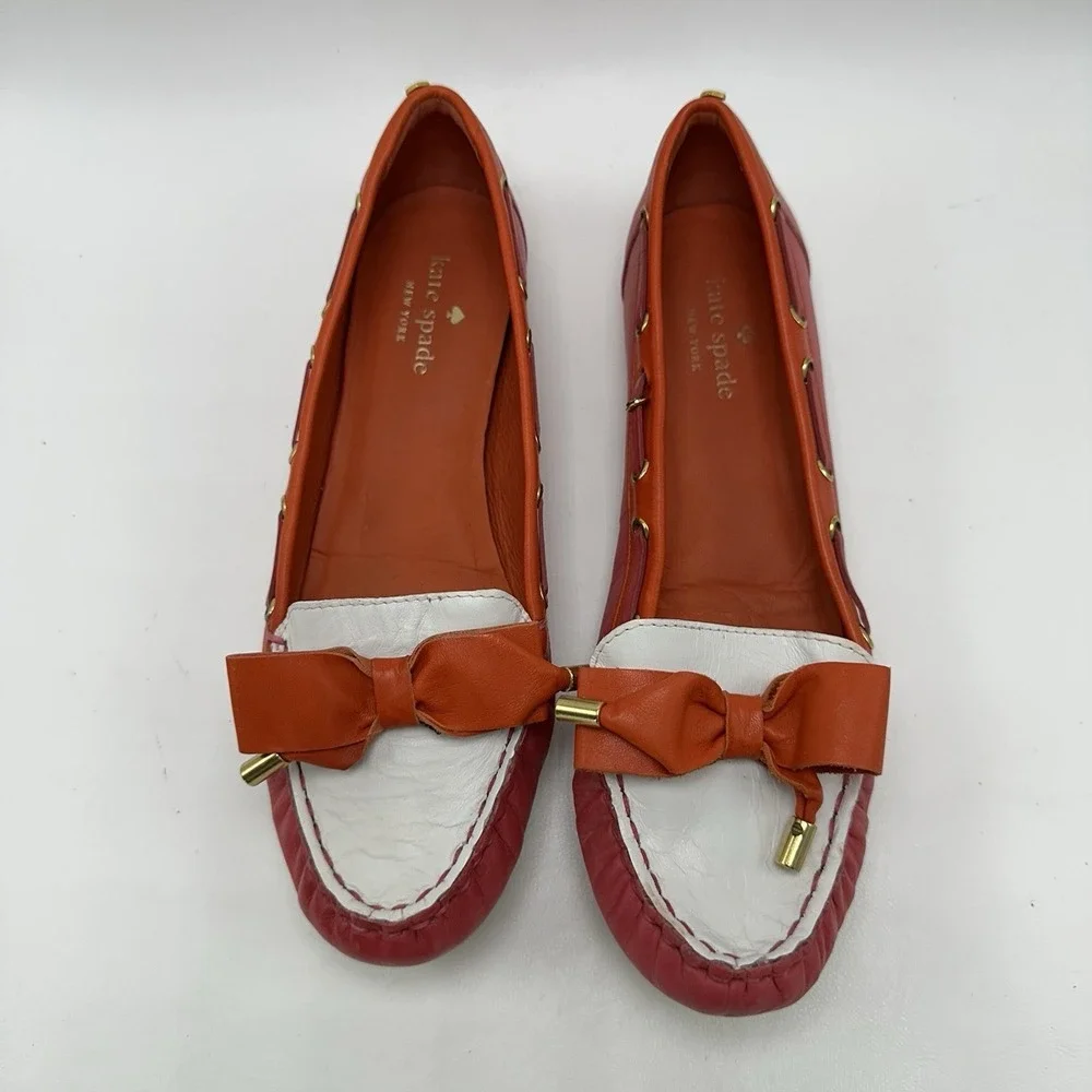 Kate Spade Boat Shoes Flats Bow Pink Red White‎ Women's Size 8M